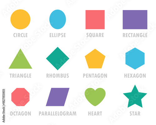 Colorful vector set of basic geometric shapes. Circle, triangle, star, hexagon, and more flat icons for learning