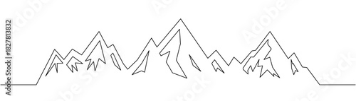 Minimal line art of jagged mountain peaks. Simple outline ridge design for outdoor trekking, adventure, climbing and alpine travel branding projects