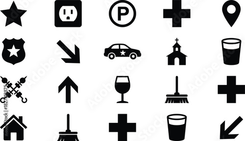 Black icon grid, star, outlet, parking, medical cross, location, police, church, drink, syringe, broom, house, arrow, symbol, UI, signage, vector, minimal, clean, interface, design