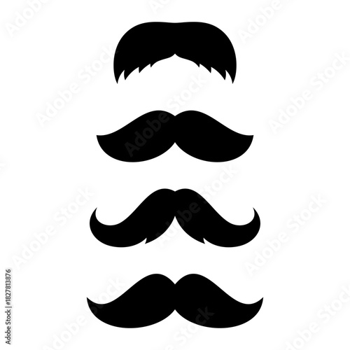 Set of four moustache silhouettes. Classic black vector mustaches in minimal flat style for barbershop logos, retro icons and graphic design projects.