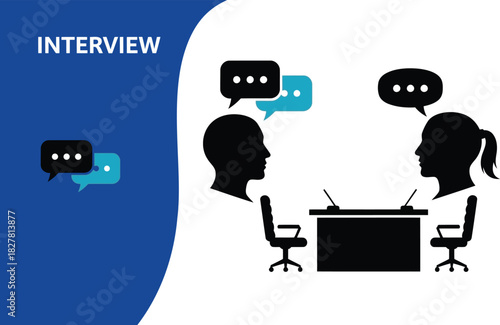 Job interview conversation silhouettes with speech bubbles representing communication and dialogue in a professional setting