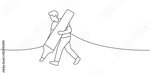Man walking with large fountain pen. Minimalist vector outline art of male character carrying oversized ink pen