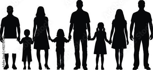 Diverse family silhouettes holding hands, featuring two parents, two daughters, a son, and an adult man, representing relationships and togetherness, isolated on white