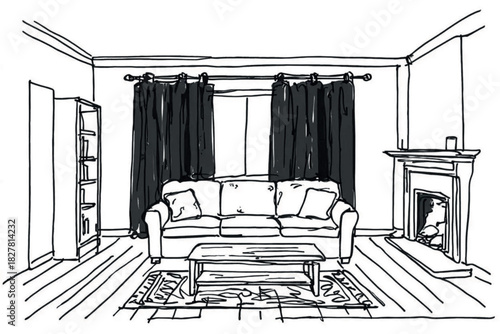 doodles sketch living room with fireplace