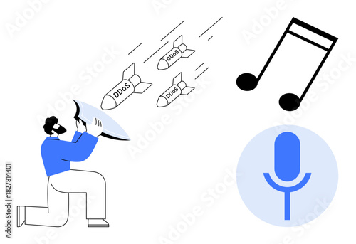 Person defending against DDoS attacks with a shield, accompanied by icons of music and voice. Ideal for cybersecurity, protection, communication, creativity, innovation, technology, and multimedia