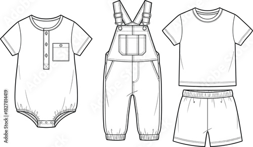 cad drawing flat vector illustration, children’s fashion sketch, romper overalls t-shirt shorts, front view, garment design template, apparel outline