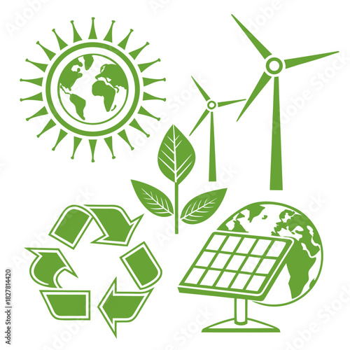 Environmentally friendly icons: Earth, solar, wind, and recycling symbols. environmentally friendly and
