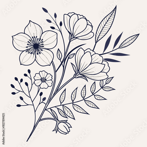 Elegant floral line art illustration of blossoming flowers and leaves. elegant floral