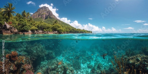 Fototapeta Naklejka Na Ścianę i Meble -  A vibrant tropical shoreline meets clear turquoise water revealing a colorful coral reef below with fish swimming and a lush green island rising toward a rugged mountain under a bright blue sky