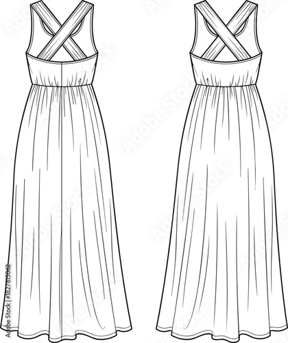 cad drawing flat vector illustration, sleeveless dress sketch, crisscross back straps, gathered waist, fashion design template, elegant garment outline