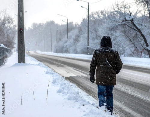 Alone hooded figure walks snowy roadside by icy street amidst trees during winter, back faces camera