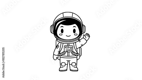 Vector of a chibi-style astronaut waving, isolated, smooth outlines, simple cartoon design