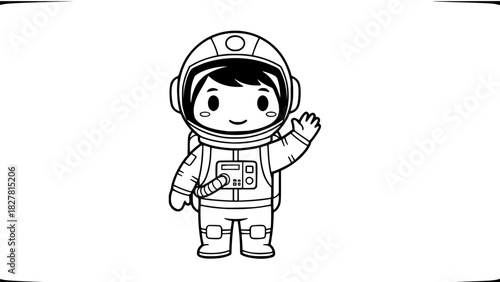 Vector of a chibi-style astronaut waving, isolated, smooth outlines, simple cartoon design