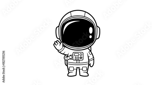 Vector of a chibi-style astronaut waving, isolated, smooth outlines, simple cartoon design