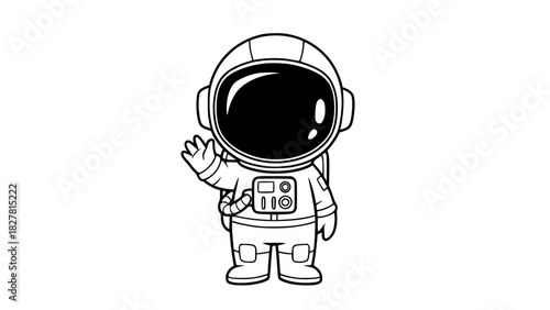 Vector of a chibi-style astronaut waving, isolated, smooth outlines, simple cartoon design