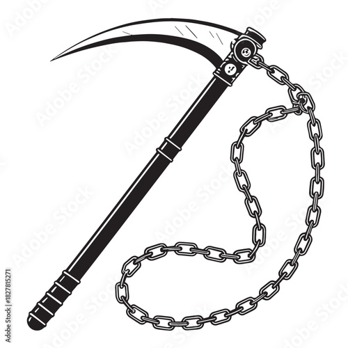 Black kusarigama japan chain and sickle weapon Silhouette Vector, High Quality Illustration on White Background