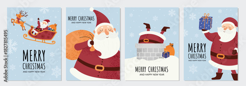 Christmas card set with cute Santa scenes on blue backgrounds. Sleigh ride, chimney, gifts and festive details. Perfect holiday illustrations for greetings, print and web.