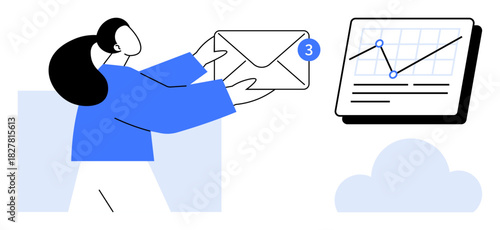 Woman holding an envelope with a notification badge, graph chart showing data trends, and a cloud. Ideal for communication, email management, productivity, analytics, cloud computing, business