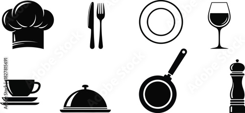Restaurant kitchenware and tableware black silhouette vector set