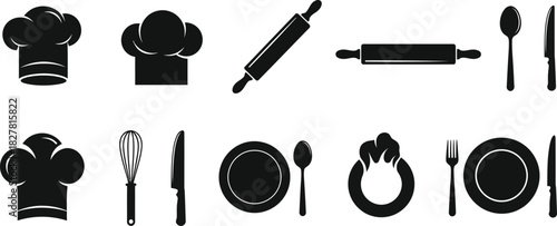 Culinary tools and utensils black silhouettes on white background