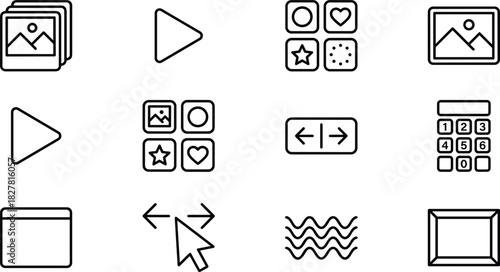 Multimedia UI icons, play button, image gallery, photo frame, navigation, keypad, cursor, waves, grid, interface, vector, minimal, black, white, design, symbol, app, user, screen, layout