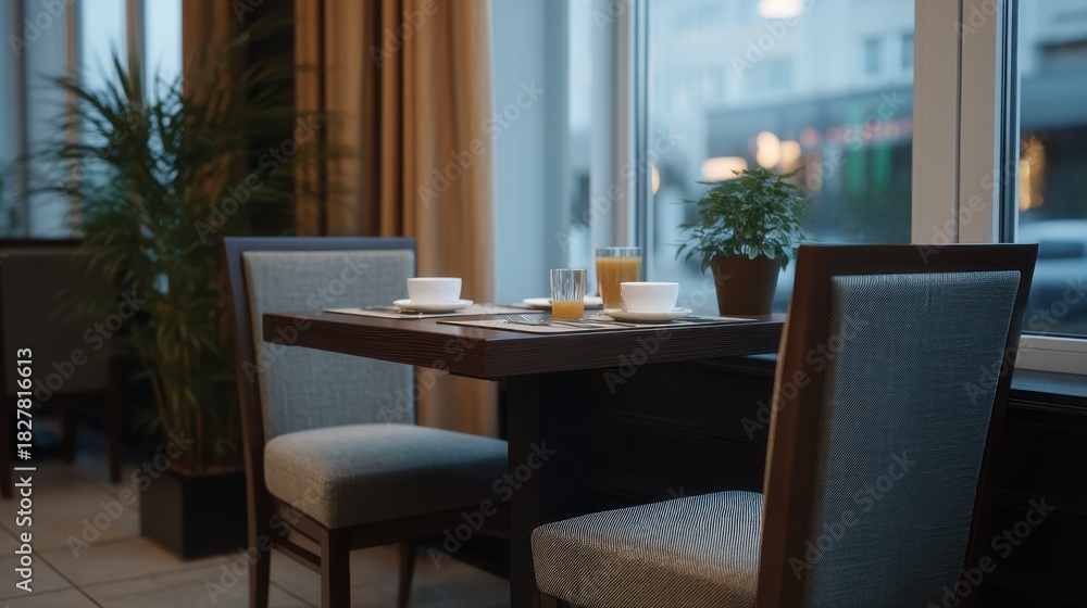Fototapeta premium Lonely Table with Untouched Breakfast Set in Hotel Dining Area by Window