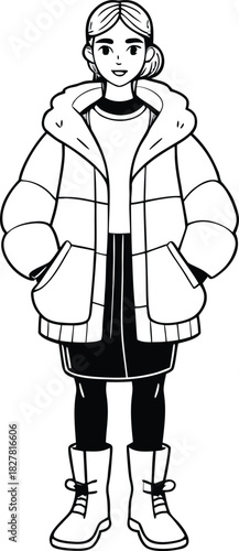 Fashionable woman in puffer jacket and boots winter style line art illustration