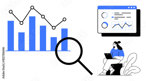 Data analytics concept. Analytics tools for visualizing data with charts, graphs, and insights. Data supports business growth and decision-making. For business, technology, education, finance