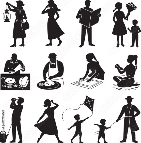 Collection of Diverse People Silhouettes Engaged in Various Activities Vector Illustration
