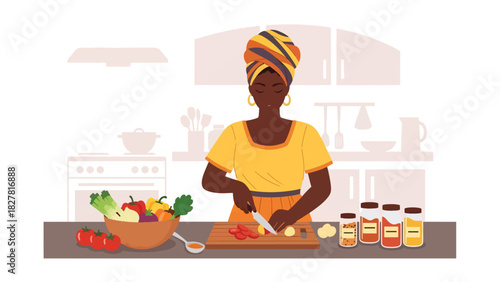 African woman cooking a traditional meal at home using fresh ingredients. Ideal for lifestyle content, culture visuals, and everyday family cooking themes