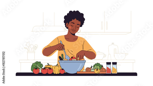 African woman cooking a traditional meal at home using fresh ingredients. Ideal for lifestyle content, culture visuals, and everyday family cooking themes
