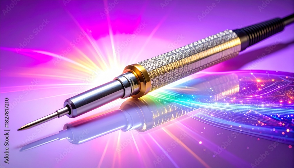 Naklejka premium Beautiful design of a precision tool sits on a reflective surface with colorful light effects