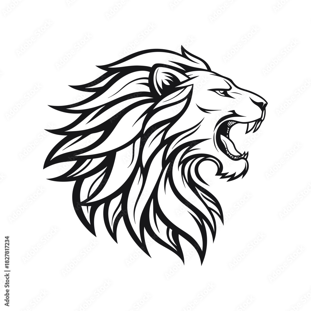 Fototapeta premium Roaring Lion Head Vector Illustration – Bold Black and White Line Art Mascot