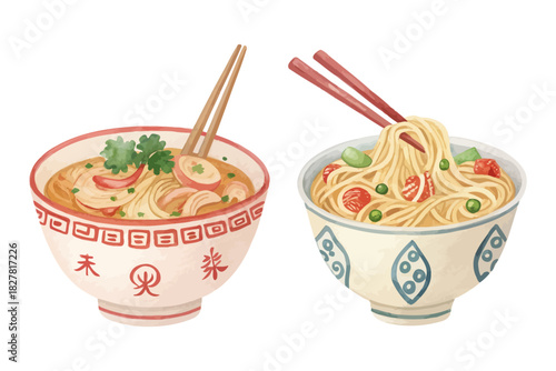 Watercolor Noodles Bowl In Chinese Celebration Food isolated on white background