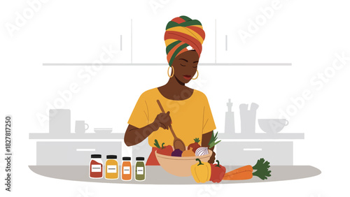 African woman cooking a traditional meal at home using fresh ingredients. Ideal for lifestyle content, culture visuals, and everyday family cooking themes