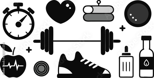 Comprehensive fitness and wellness icon set featuring exercise and health symbols