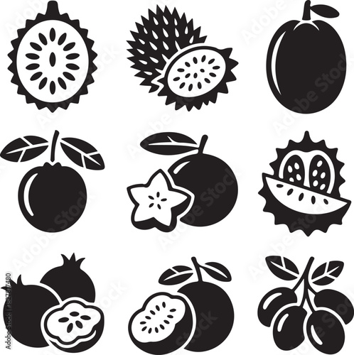 Collection of exotic tropical fruits in black and white vector design