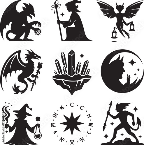 Collection of Fantasy and Magical Creatures Silhouettes for Graphic Design Use