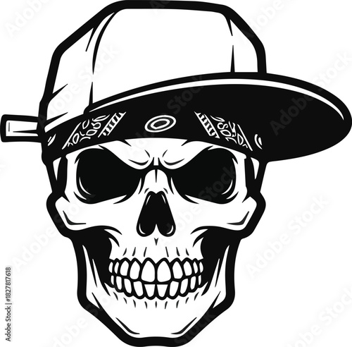 Cool Skull with Bandana and Baseball Cap Illustration - Hip Hop Style