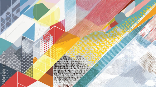 Vibrant abstract geometric pattern with diverse textures and bright colors