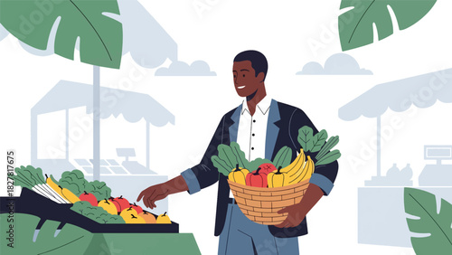 African man carrying a basket of fresh produce while shopping at an outdoor marketplace. Perfect for cultural lifestyle scenes and community activity themes