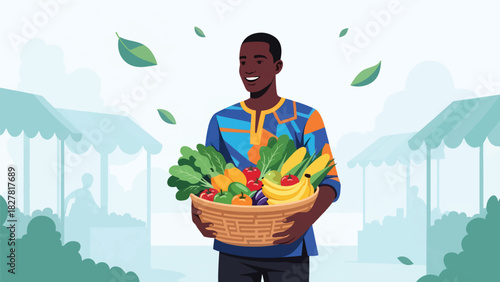 African man carrying a basket of fresh produce while shopping at an outdoor marketplace. Perfect for cultural lifestyle scenes and community activity themes
