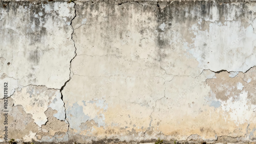 Obraz premium Heavily weathered and distressed concrete wall surface displays significant cracking and discoloration
