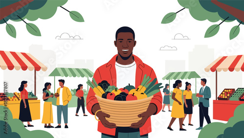 African man carrying a basket of fresh produce while shopping at an outdoor marketplace. Perfect for cultural lifestyle scenes and community activity themes