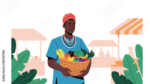 African man carrying a basket of fresh produce while shopping at an outdoor marketplace. Perfect for cultural lifestyle scenes and community activity themes