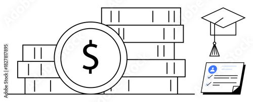 Coin stacks, large dollar sign, graduation cap, and checklist depict themes of education funding, scholarships, financial aid, student loans, investment in knowledge, learning value simple flat