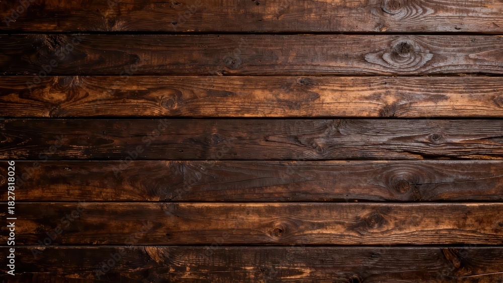 Fototapeta premium Horizontal dark brown wooden planks present a rustic and textured background surface.