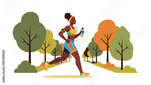 African woman jogging outdoors in park environment. Ideal for fitness, motivation, healthy living, and active lifestyle content