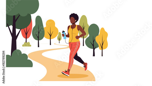 African woman jogging outdoors in park environment. Ideal for fitness, motivation, healthy living, and active lifestyle content