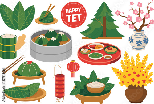 Vietnamese Lunar New Year Tết Vector Illustration Collection Featuring Traditional Food, Bánh, Bamboo Rice, Cherry Blossoms, Lanterns, and Festive Decorations.